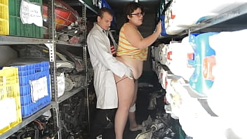 He fucks his cousin in the parts warehouse of the workshop. She is a very vicious fat woman who wants tools inserted in her pussy